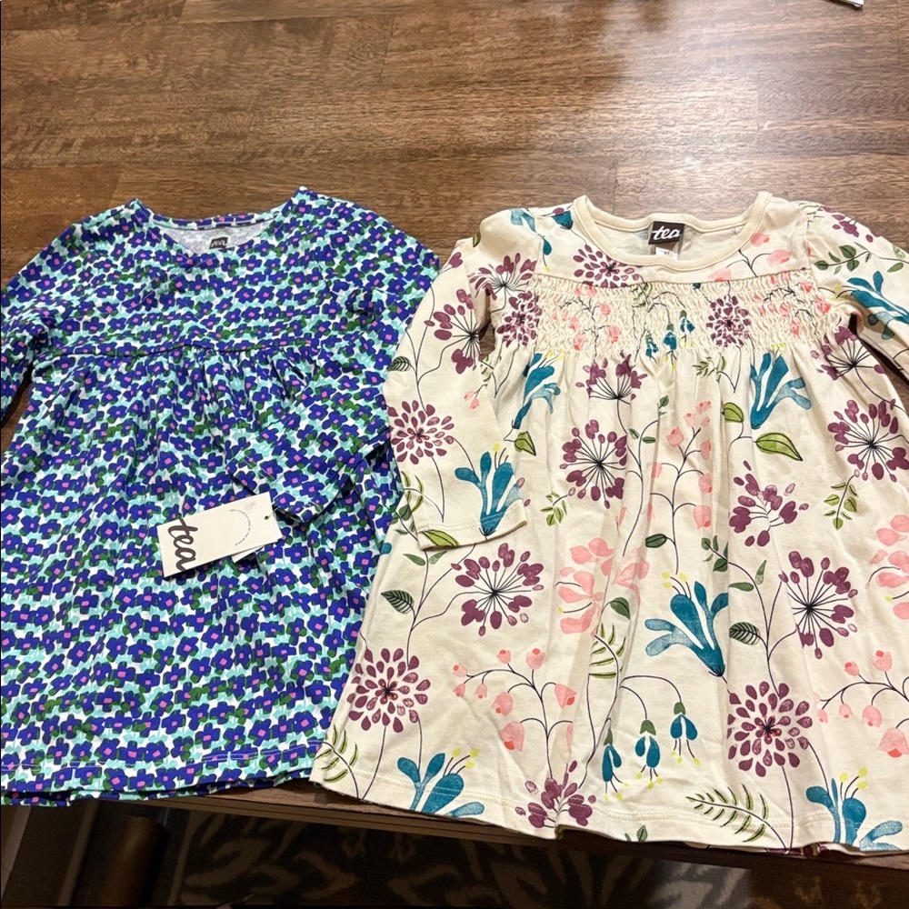 Pair of tea collection dresses sz 2T 2 long sleeve cotton knit dresses 1 is NWT